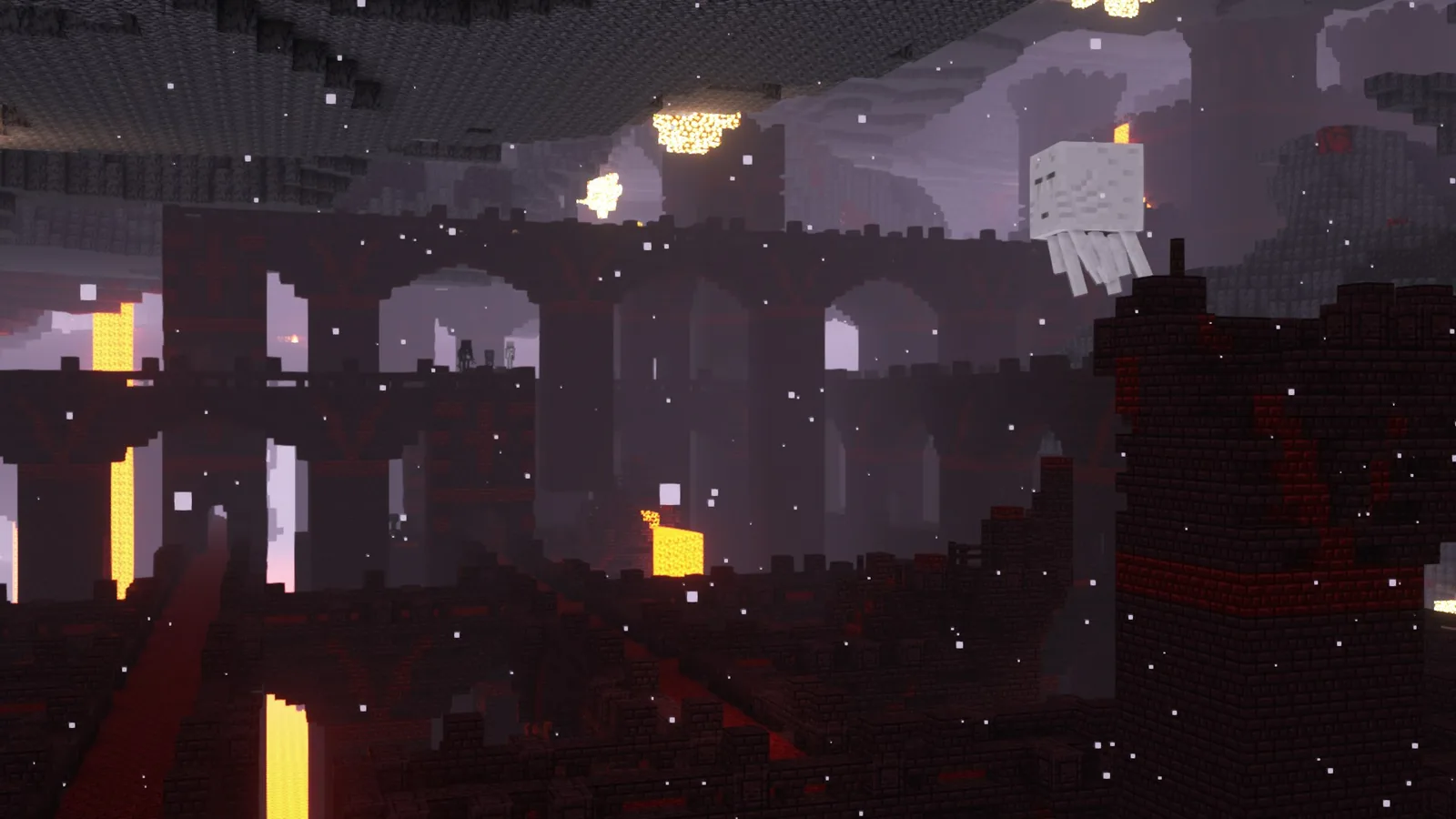 Stacked bridges crossing a lava sea inside a nether fortress