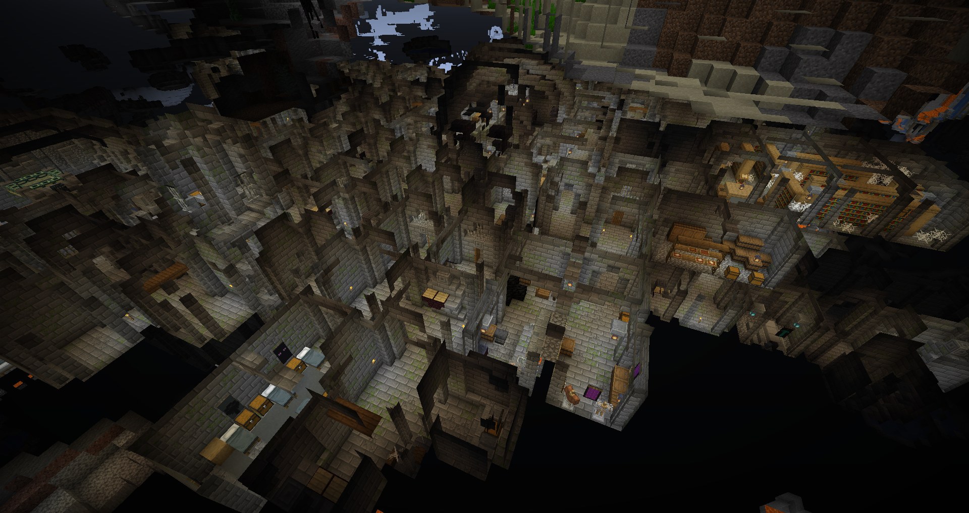 Long stronghold corridor lit by torches