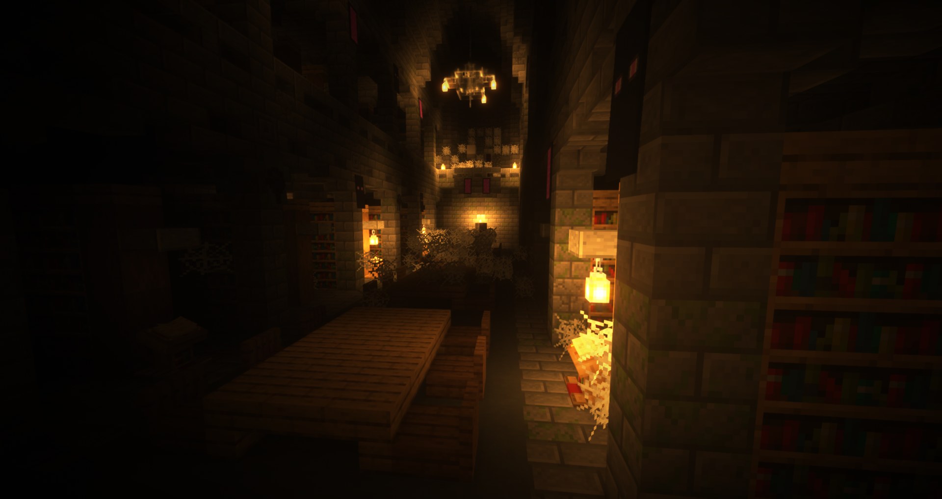 Stronghold library room filled with bookshelves and walkways
