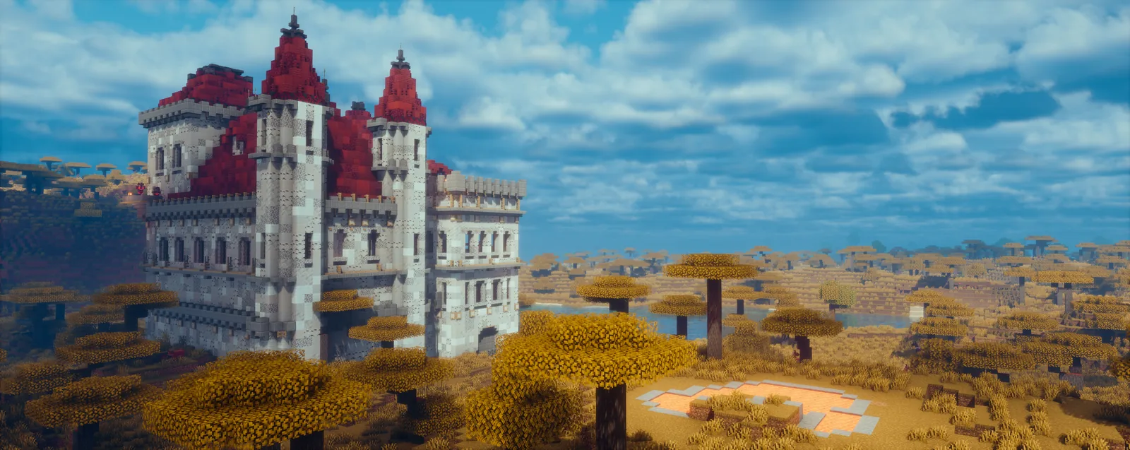 Modded Minecraft tower overlooking open terrain