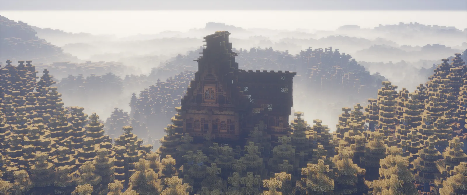 Large generated structure on a Minecraft hillside