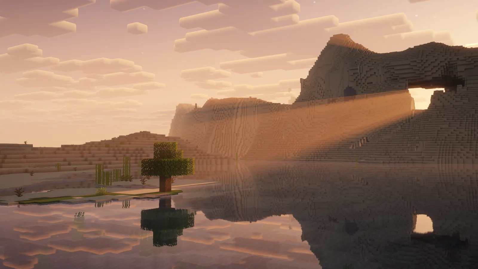 Water reflections on a Minecraft lake with shaders enabled