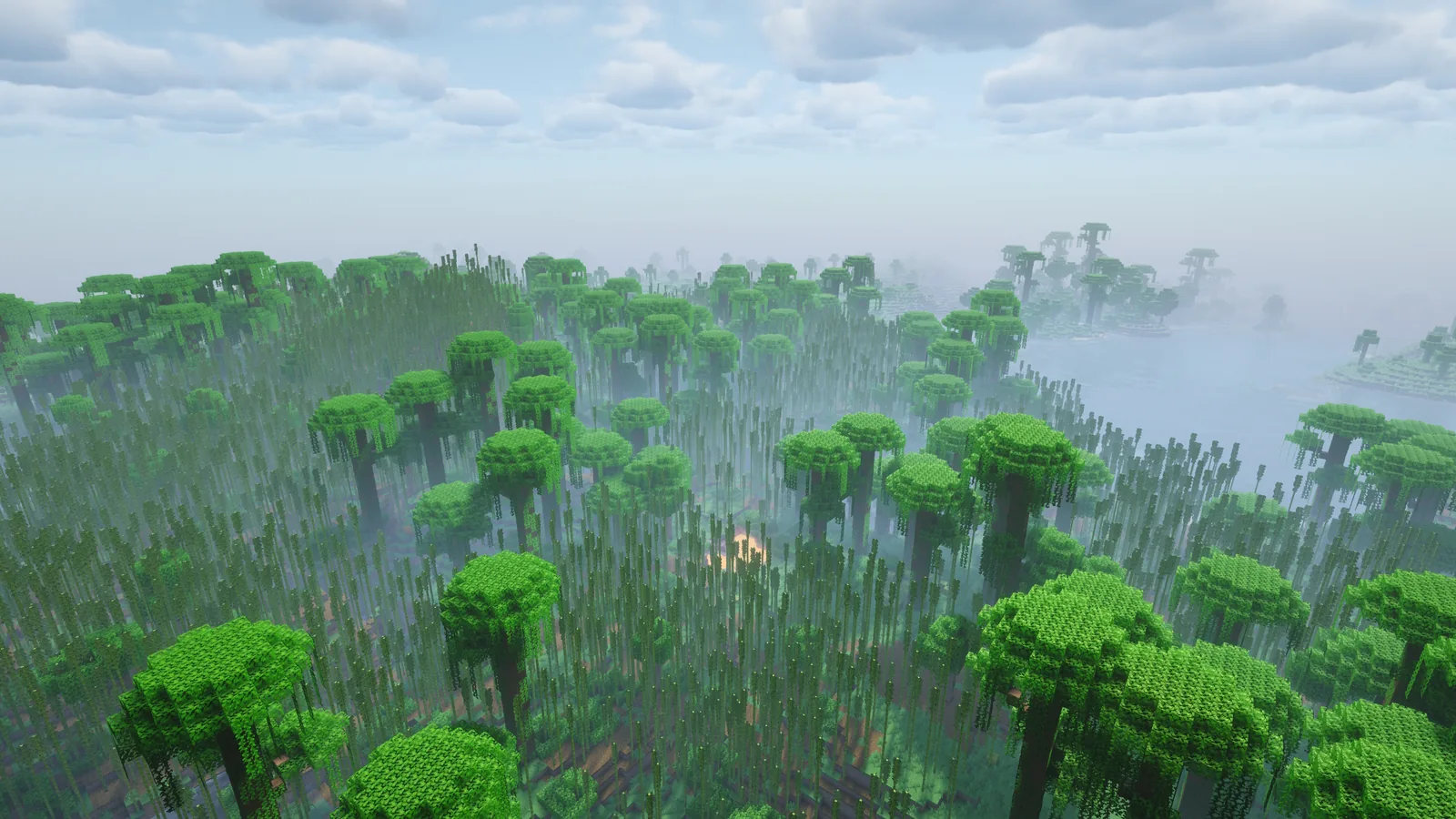 Sunlight filtering through trees in a shaded Minecraft forest