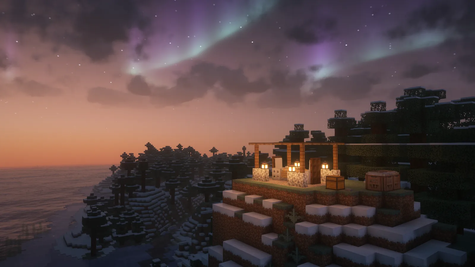 Night scene with lantern glow under Minecraft shaders