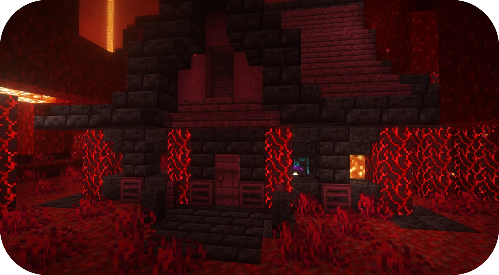 Crimson forest formation seen from a Nether ledge