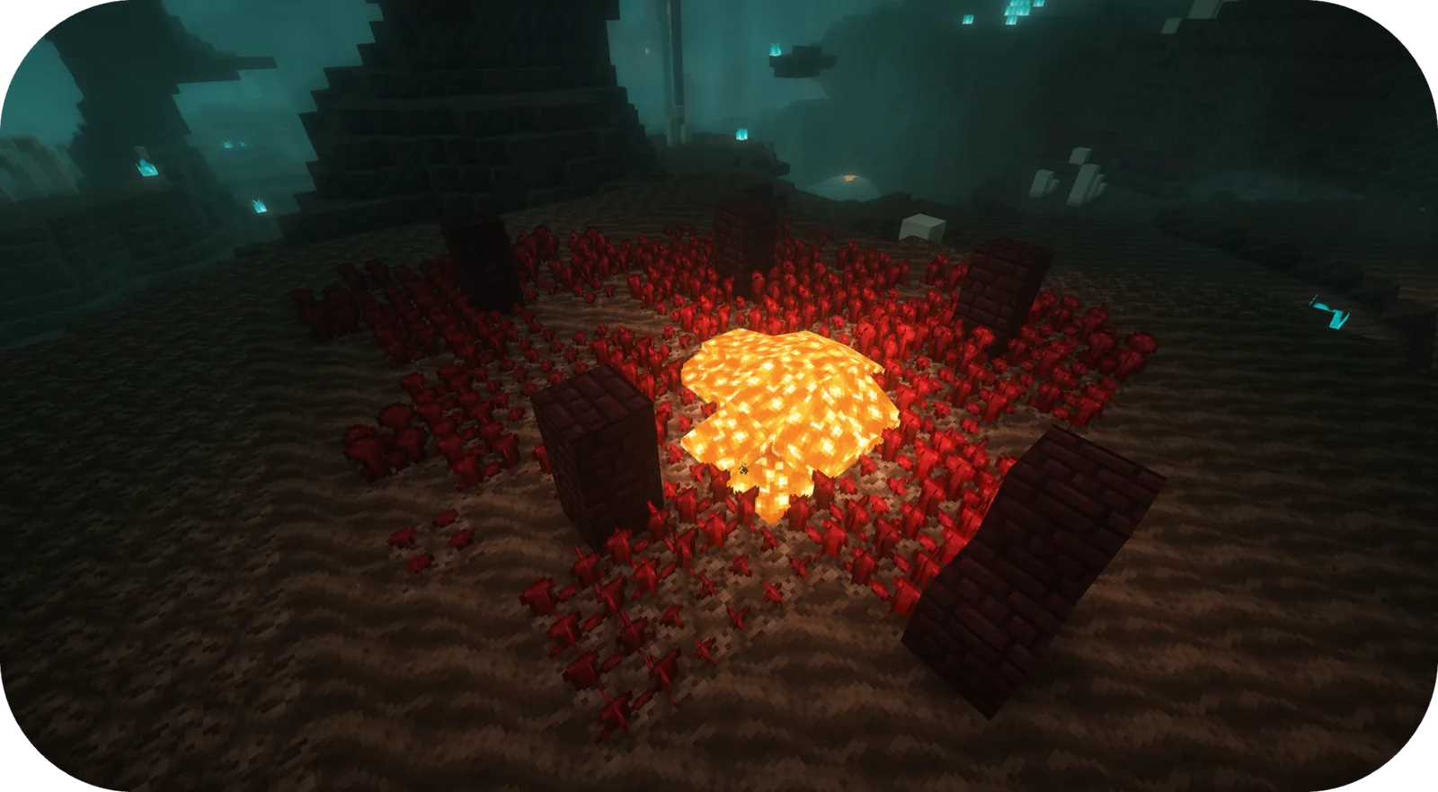 Dripstone formations above molten lava in Minecraft