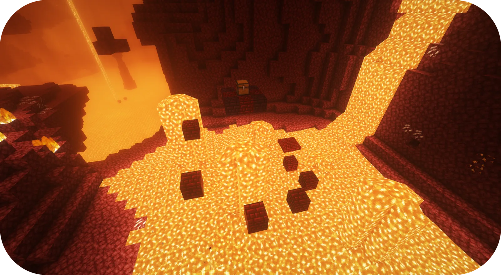 Glowing lava flow through a Minecraft cave