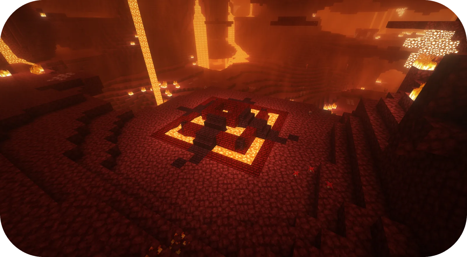 Glowstone formation hanging over a Nether lava lake