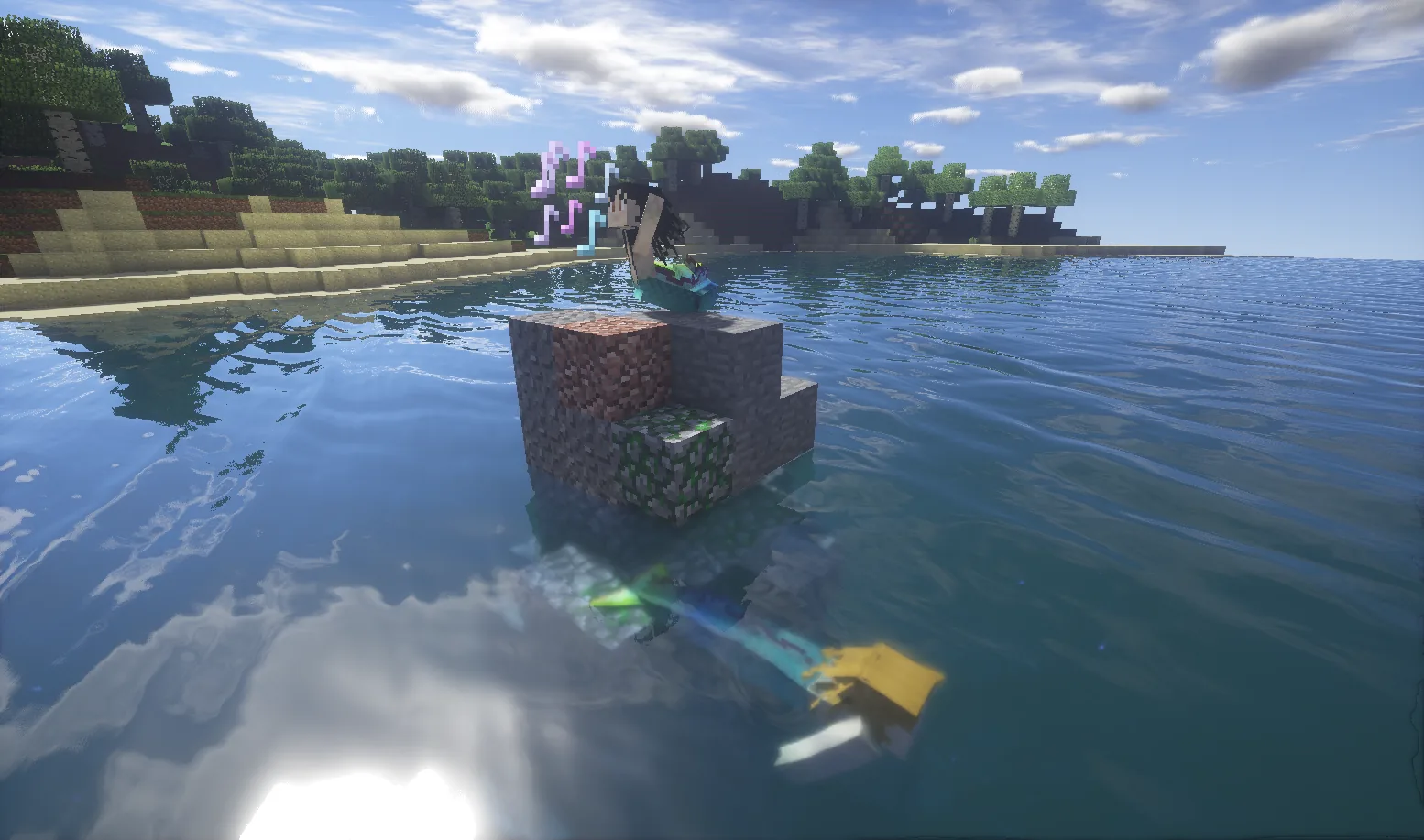 Large modded creature flying over Minecraft terrain