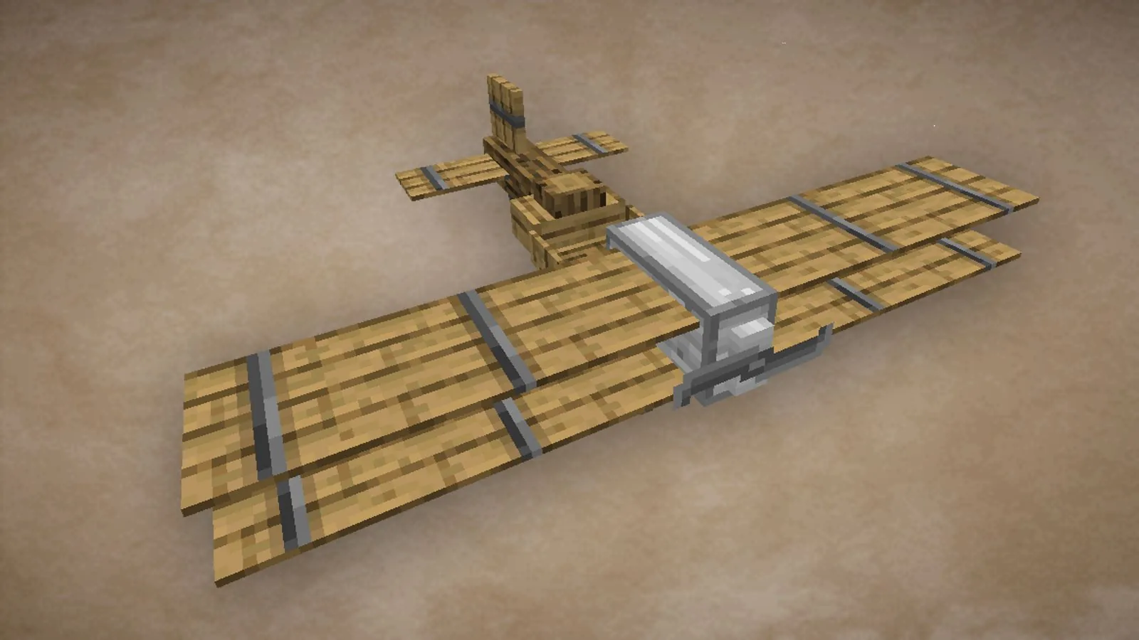 Airship flying over Minecraft terrain