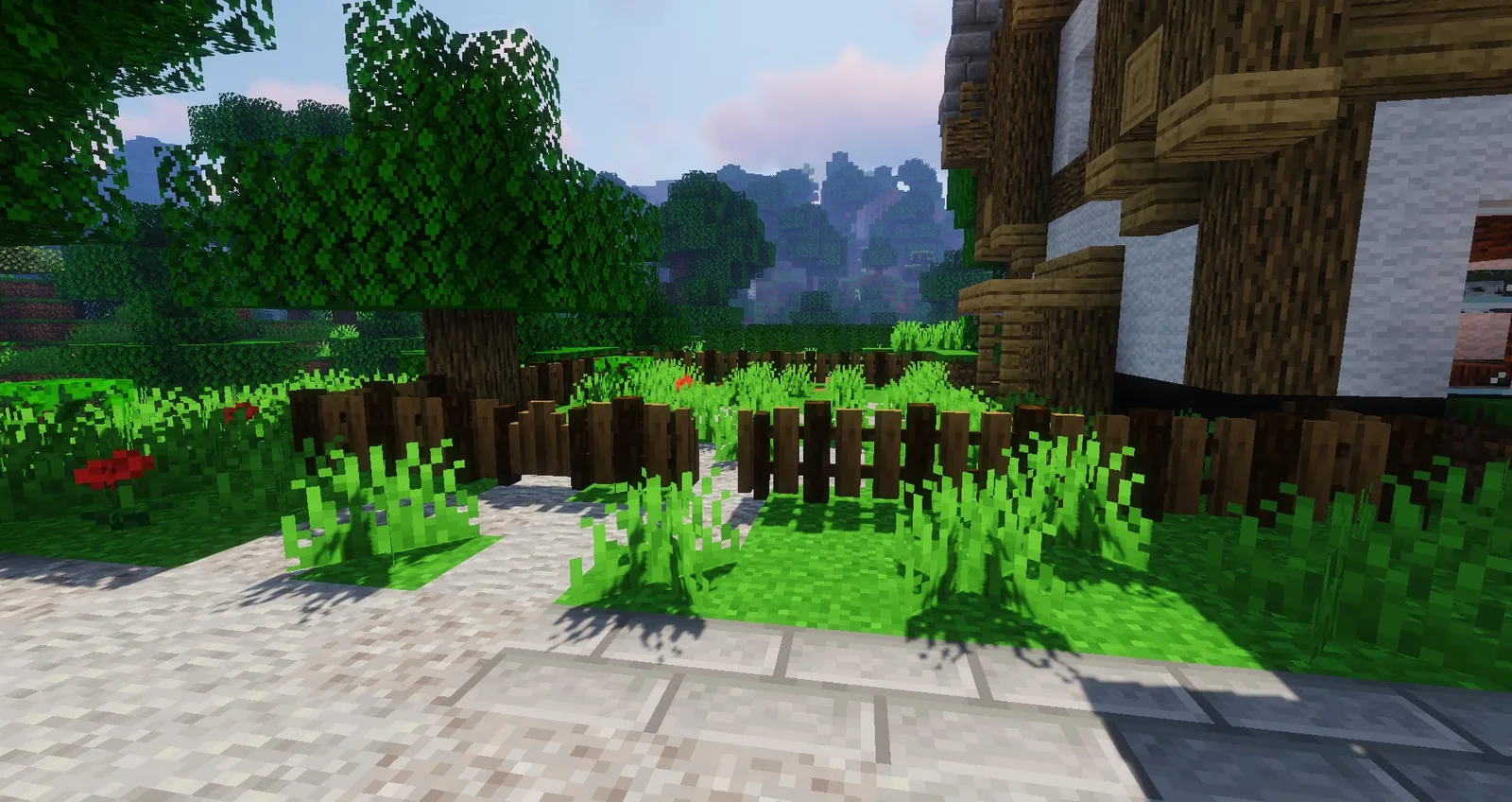 Fence and wall variants framing a Minecraft market