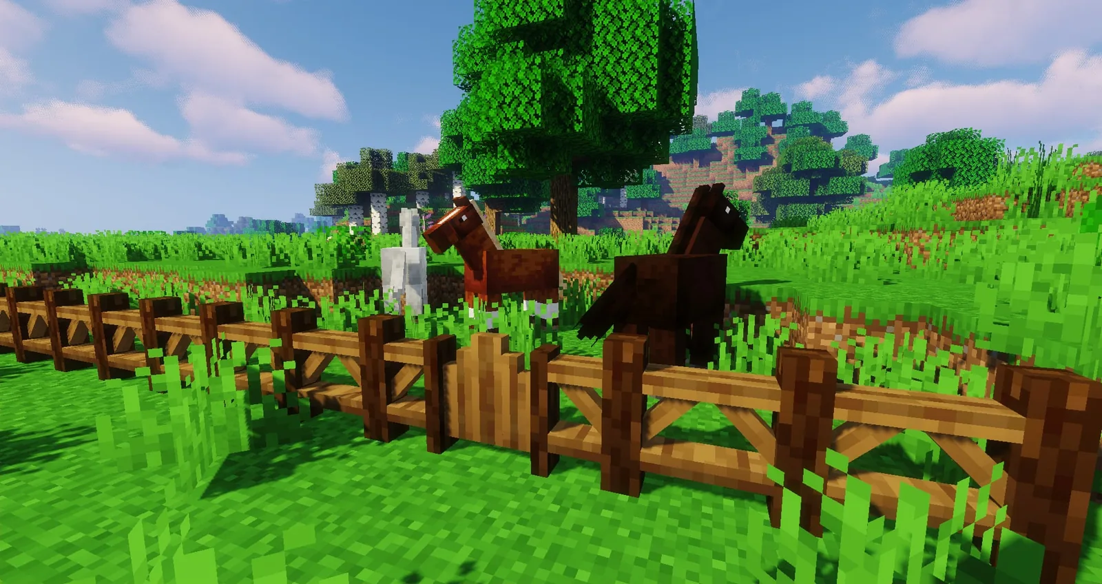 Busy Minecraft village market street at midday