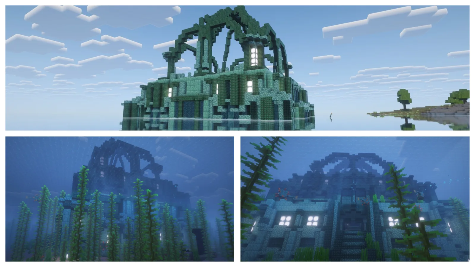 Sandstone structure under a bright Minecraft sky