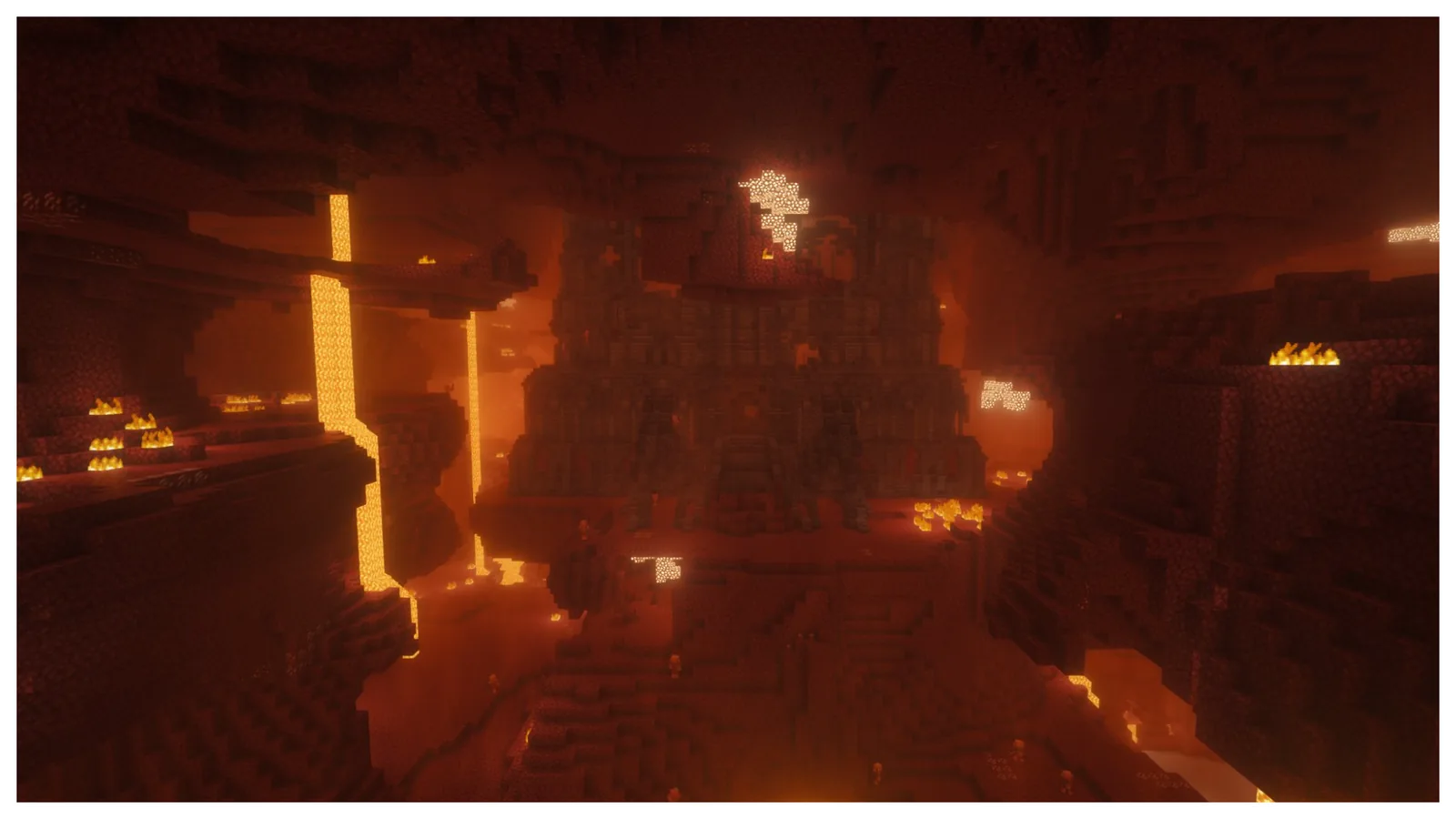 Minecraft desert landscape with a distant structure