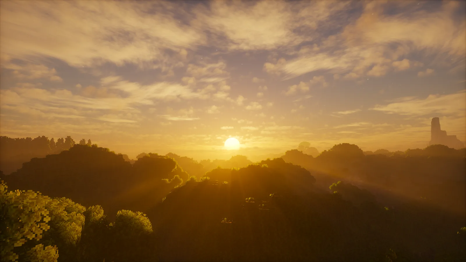 Shader-lit Minecraft vista used for an FPS comparison