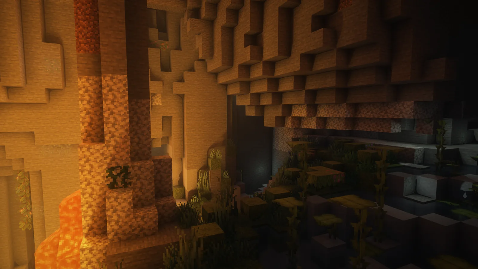Minecraft cave passage lit by coloured blocks