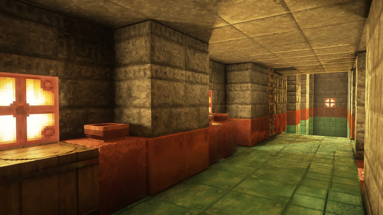Deep Minecraft cave with reflective crystal surfaces