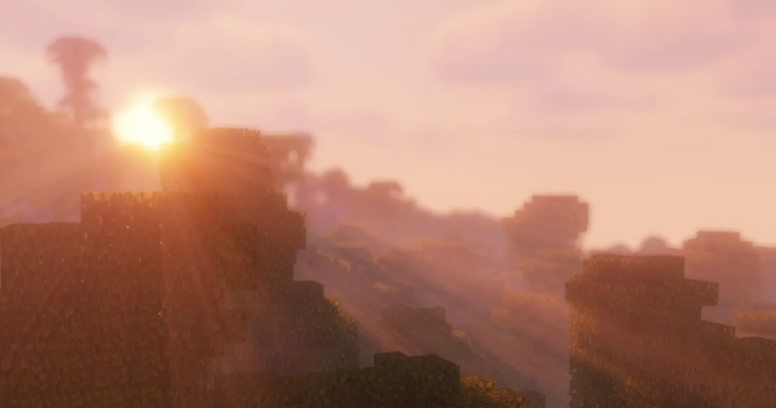 Bright Minecraft sky during a sunset flight