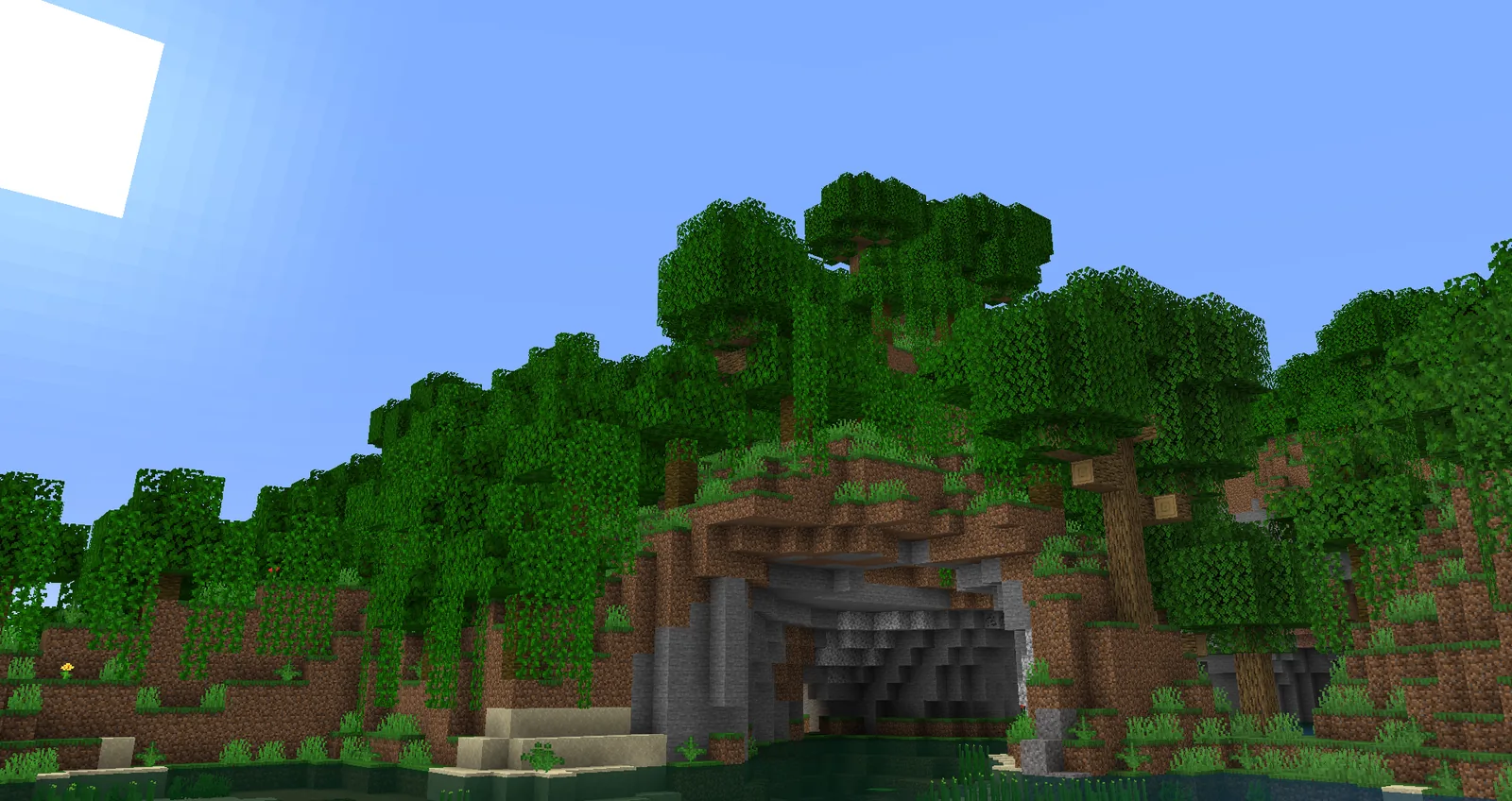Traverse meadow and treeline at sunrise in Minecraft