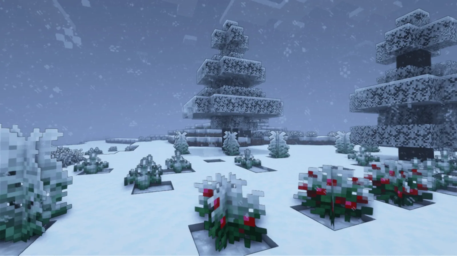 Frozen ocean biome viewed from a snowy shore in Minecraft