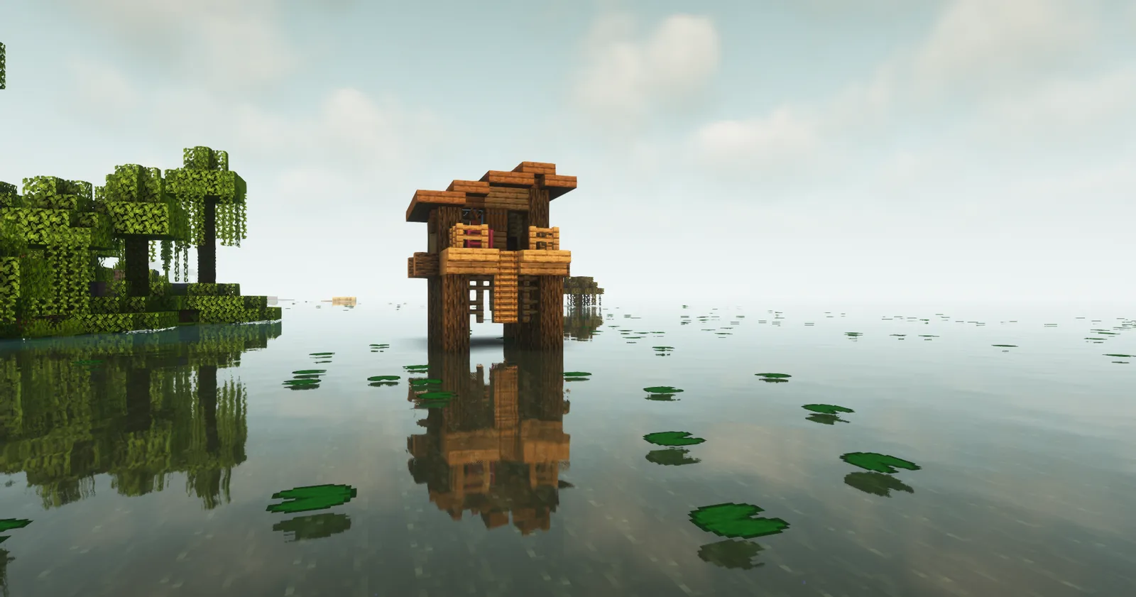 Swamp biome at dusk with a witch hut silhouette