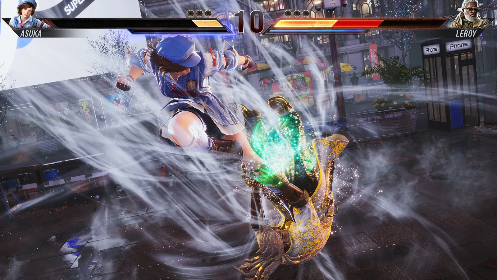 Tekken 8 fighters mid combo in an arena stage